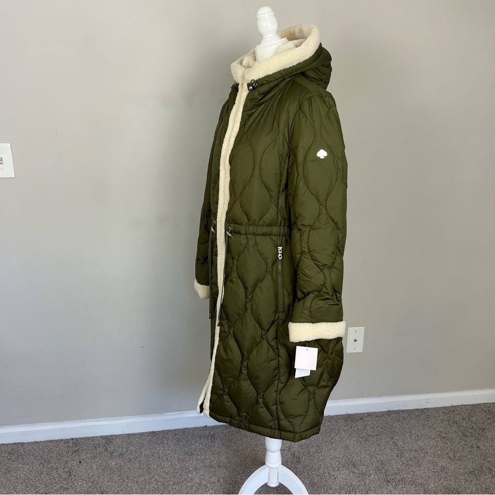NWT KATE SPADE FAUX SHEARLING TRIM DOWN AND FEATHER FILL LONG COAT OLIVE SIZE XL - Picture 9 of 16